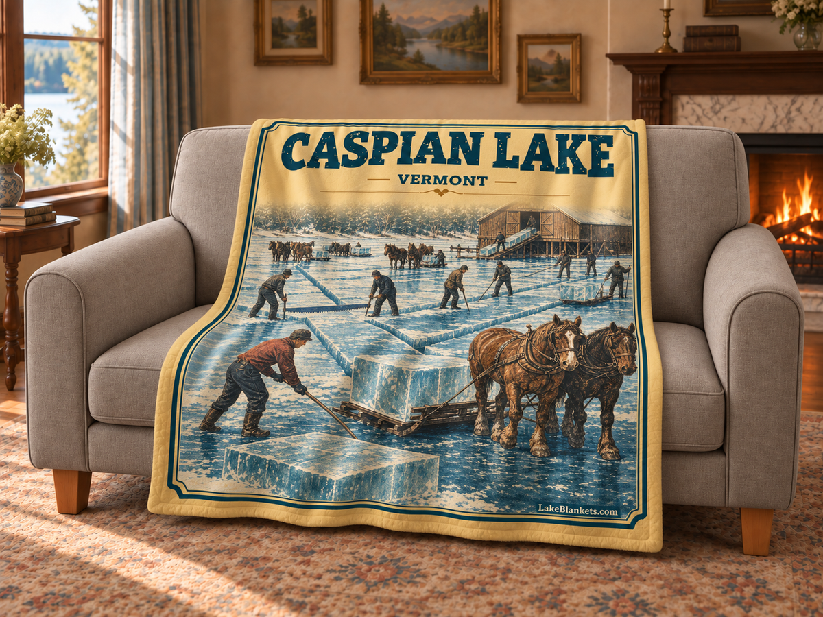 Caspian Lake Photoesc blanket draped over a couch