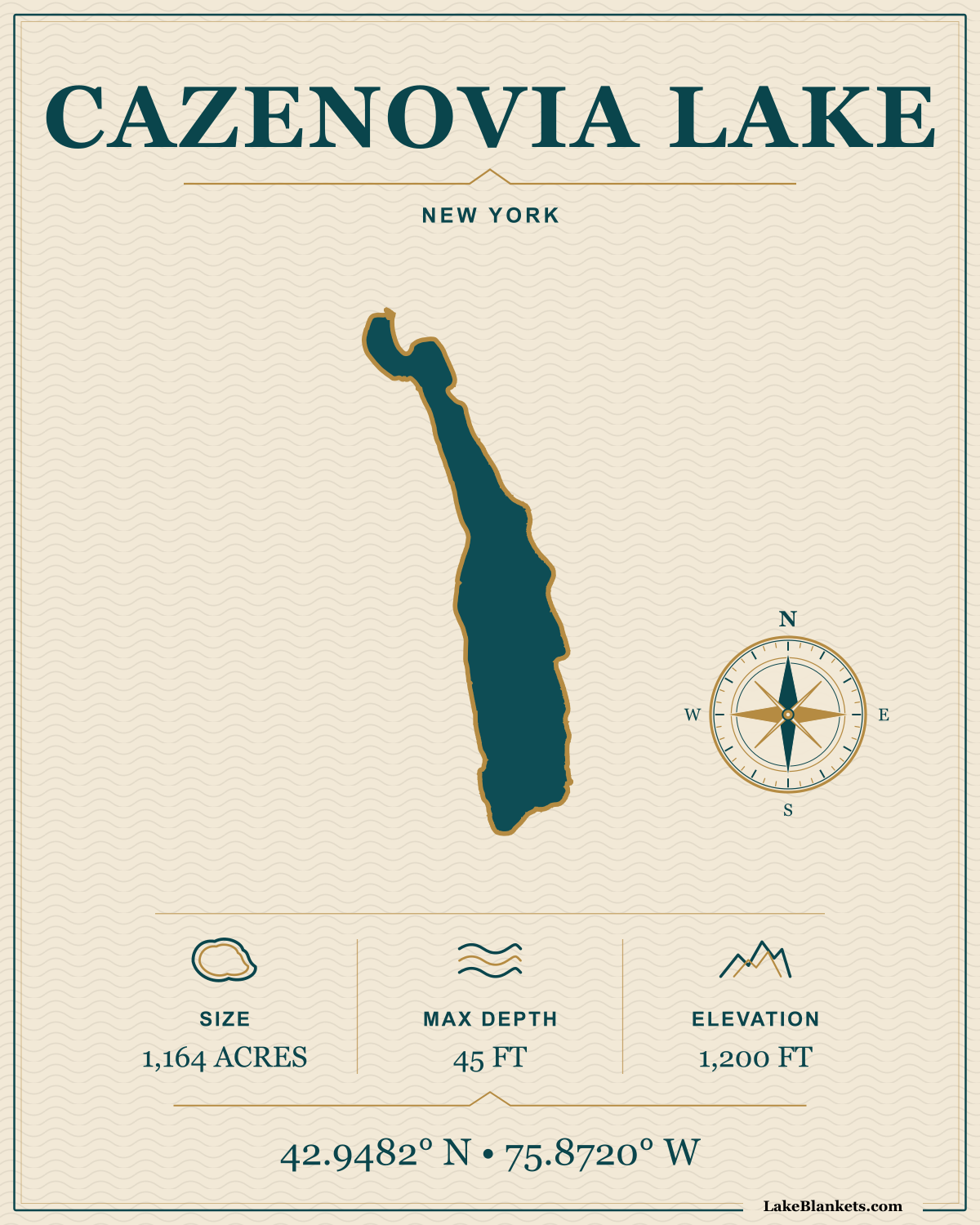 Cazenovia Lake New York navigation fleece blanket with exact lake silhouette, compass, coordinates, and verified facts