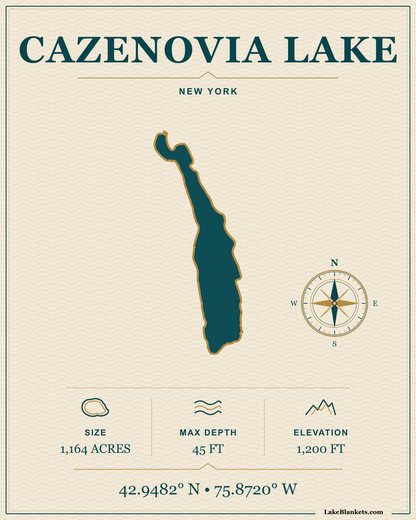 Cazenovia Lake New York navigation fleece blanket with exact lake silhouette, compass, coordinates, and verified facts