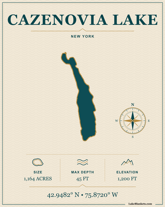 Cazenovia Lake New York navigation fleece blanket with exact lake silhouette, compass, coordinates, and verified facts