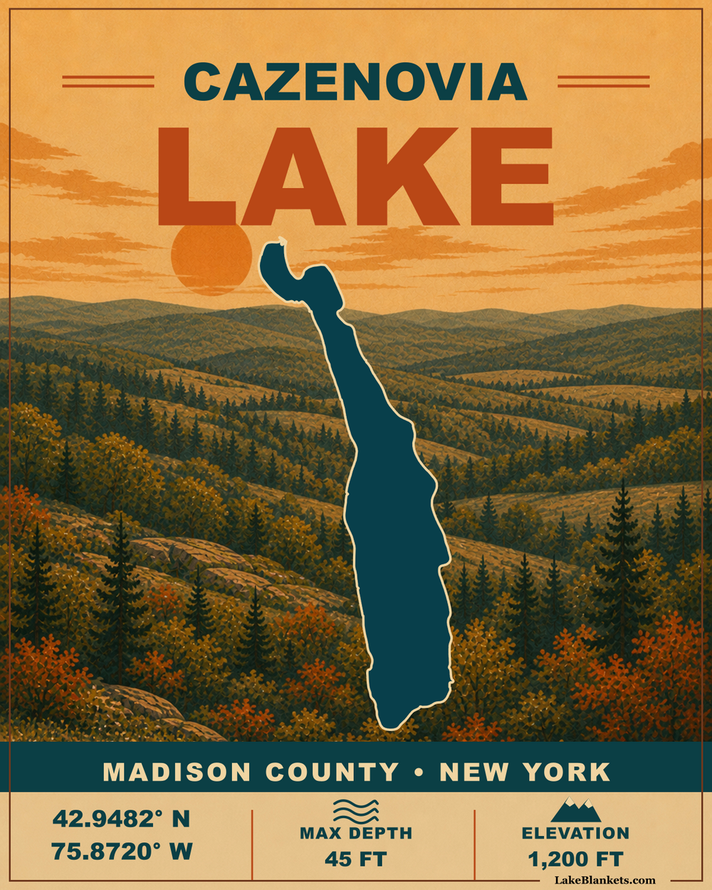 Cazenovia Lake New York vintage sherpa blanket with exact lake silhouette and warm Central New York upland artwork
