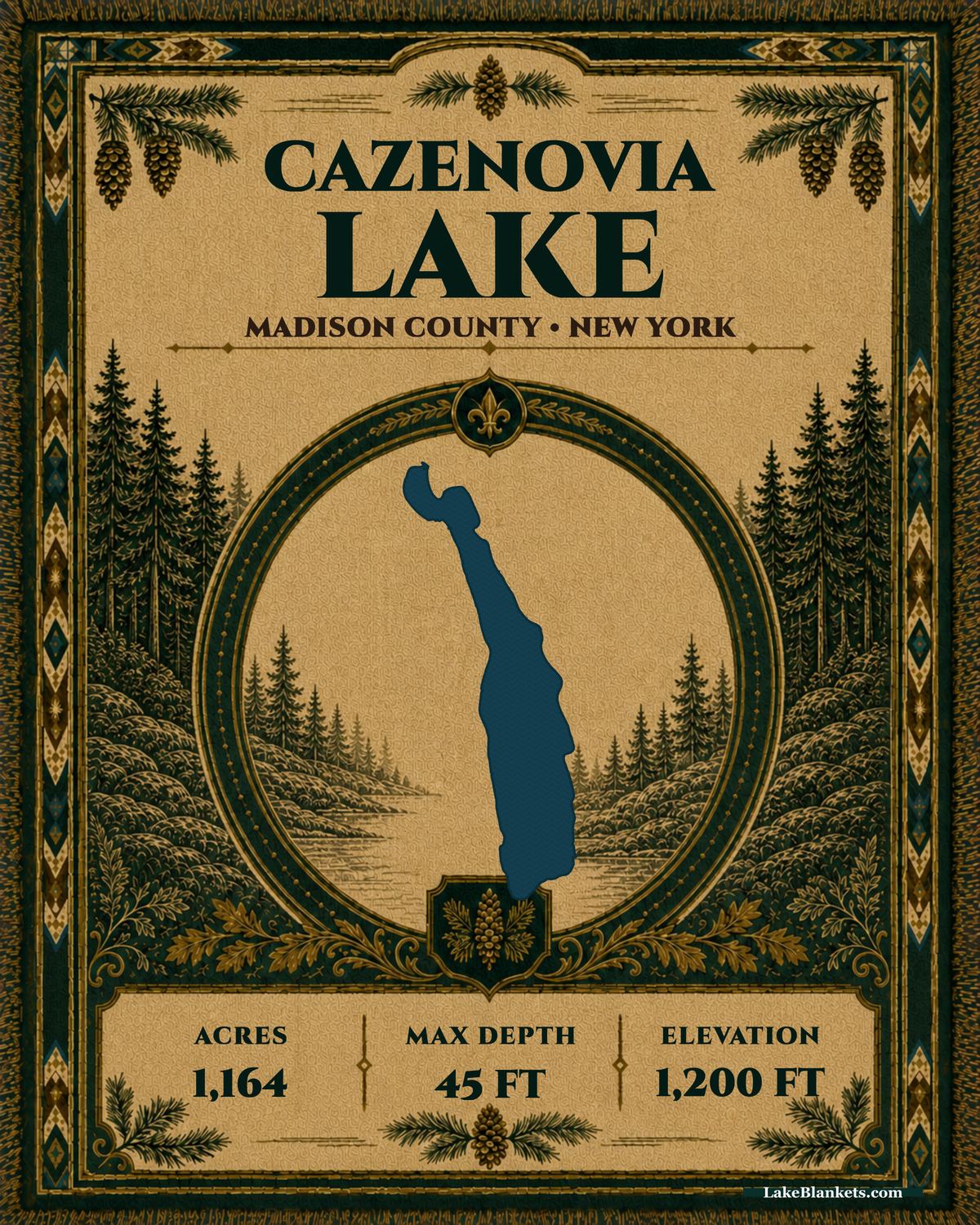 Cazenovia Lake New York woven heritage blanket with exact lake silhouette, evergreen medallion, verified facts, and decorative fringe