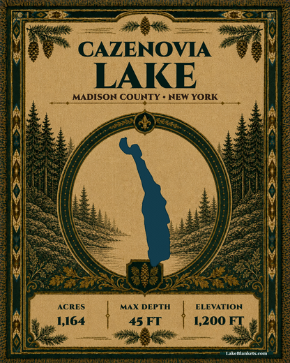 Cazenovia Lake New York woven heritage blanket with exact lake silhouette, evergreen medallion, verified facts, and decorative fringe