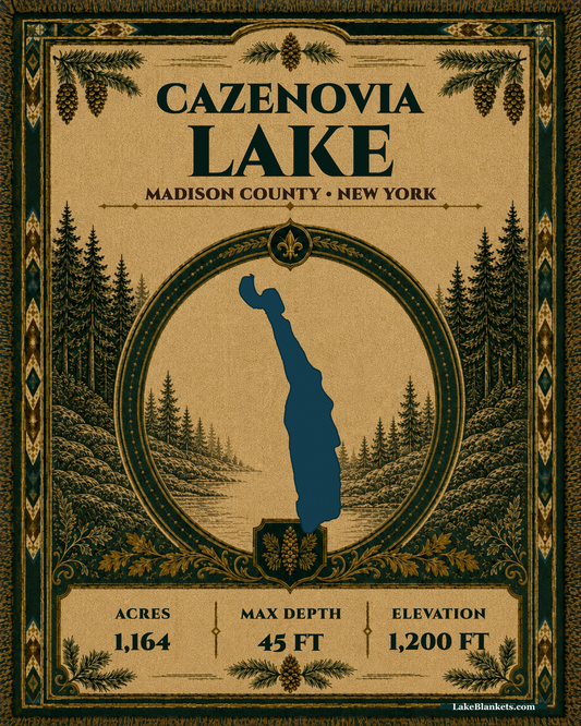 Cazenovia Lake New York woven heritage blanket with exact lake silhouette, evergreen medallion, verified facts, and decorative fringe