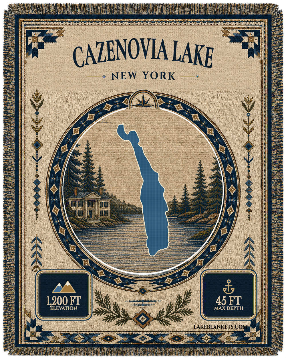 Cazenovia Lake New York landmark woven blanket with exact lake silhouette, Lorenzo-inspired mansion scene, verified facts, and fringe