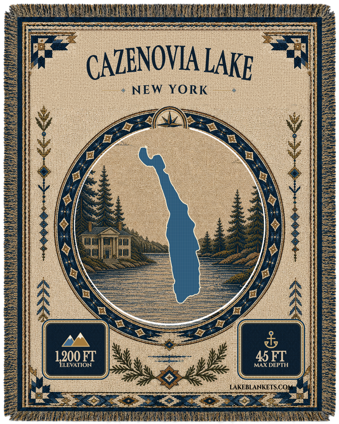Cazenovia Lake New York landmark woven blanket with exact lake silhouette, Lorenzo-inspired mansion scene, verified facts, and fringe