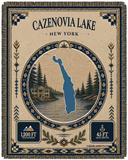 Cazenovia Lake New York landmark woven blanket with exact lake silhouette, Lorenzo-inspired mansion scene, verified facts, and fringe