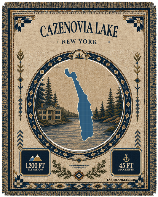 Cazenovia Lake New York landmark woven blanket with exact lake silhouette, Lorenzo-inspired mansion scene, verified facts, and fringe