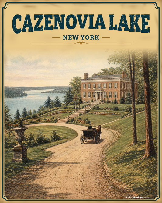 Cazenovia Lake New York Photoesc sherpa blanket with Lorenzo-inspired estate, carriage, garden, and historic-postcard styling