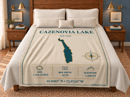 Cazenovia Lake Minimalist Navigation blanket displayed on a bed