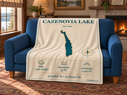 Cazenovia Lake Minimalist Navigation blanket draped over a couch
