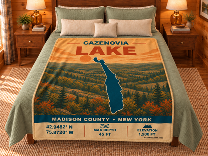Cazenovia Lake Vintage blanket displayed on a bed