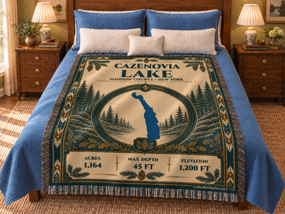 Cazenovia Lake Woven Heritage blanket displayed on a bed