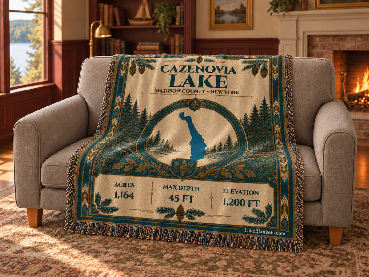 Cazenovia Lake Woven Heritage blanket draped over a couch