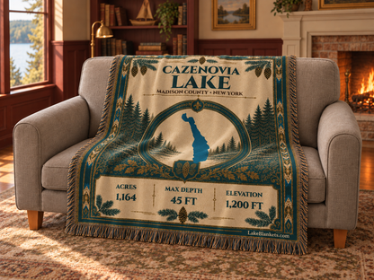 Cazenovia Lake Woven Heritage blanket draped over a couch