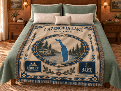 Cazenovia Lake Woven Landmark Medallion blanket displayed on a bed