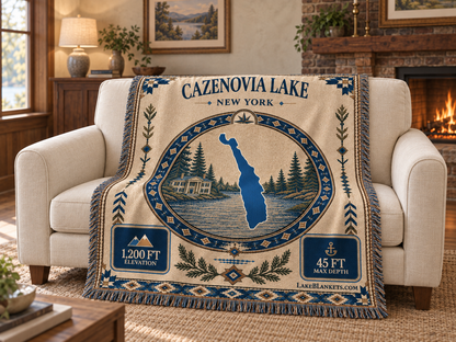 Cazenovia Lake Woven Landmark Medallion blanket draped over a couch