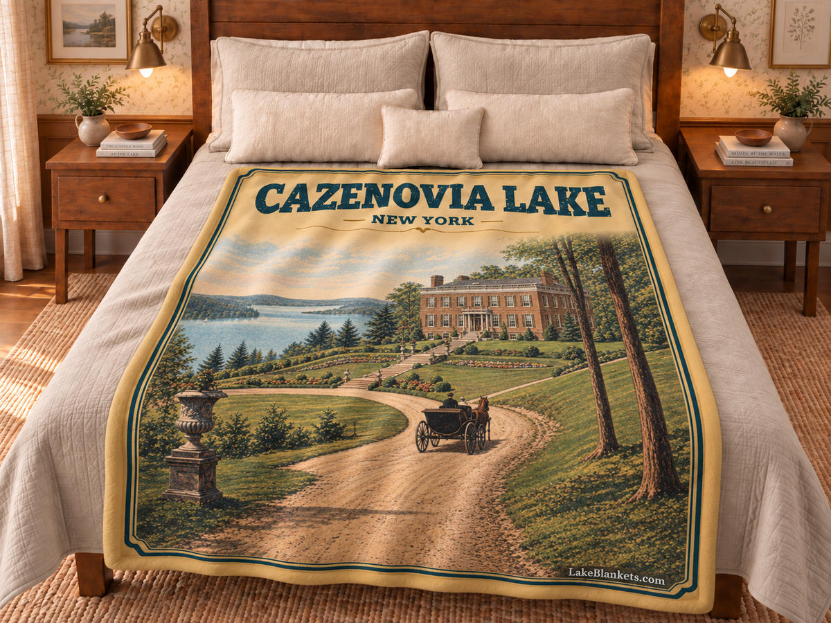Cazenovia Lake Photoesc blanket displayed on a bed