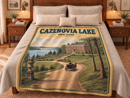 Cazenovia Lake Photoesc blanket displayed on a bed