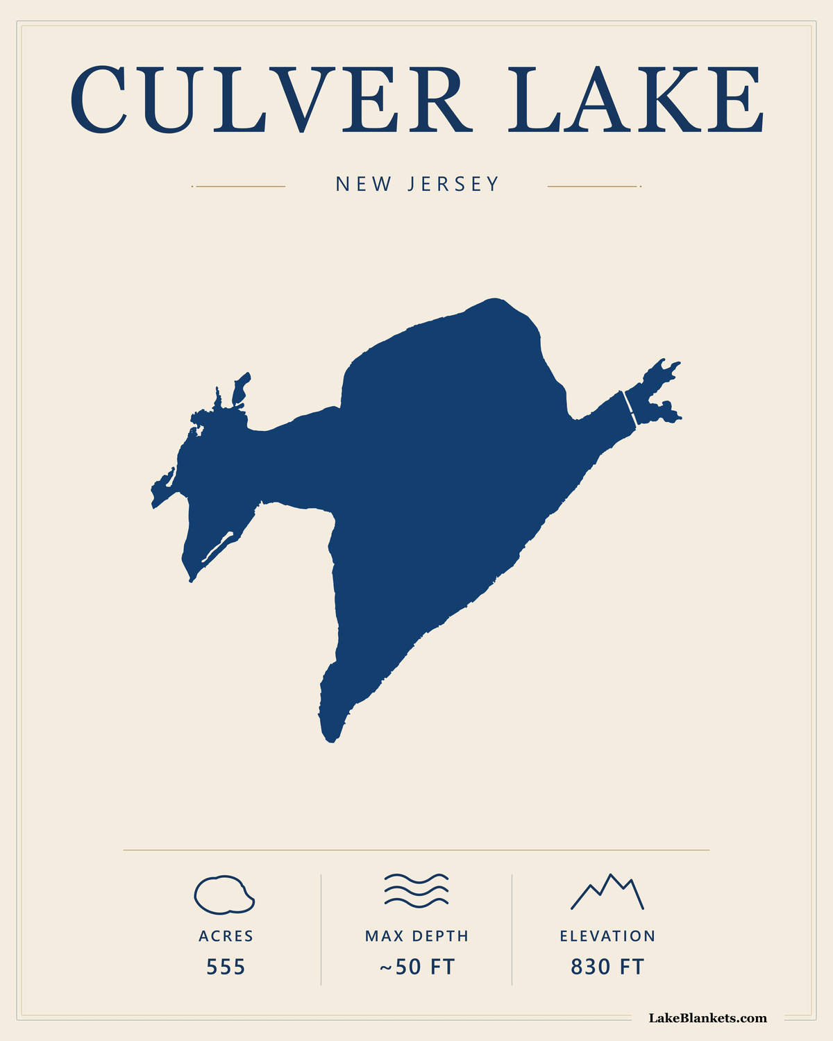 Culver Lake New Jersey minimalist lightweight fleece blanket with navy lake silhouette