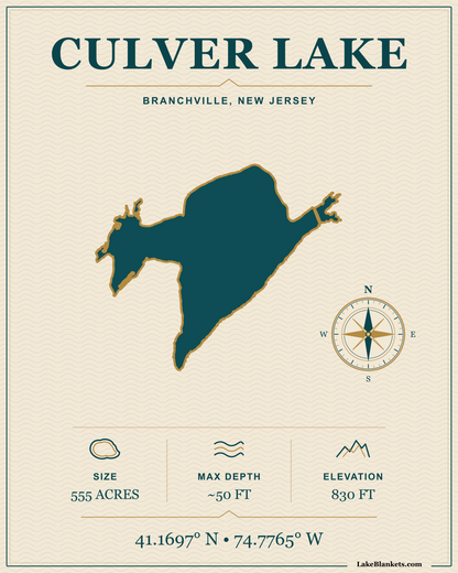 Culver Lake New Jersey navigation-style lightweight fleece blanket with compass and coordinates