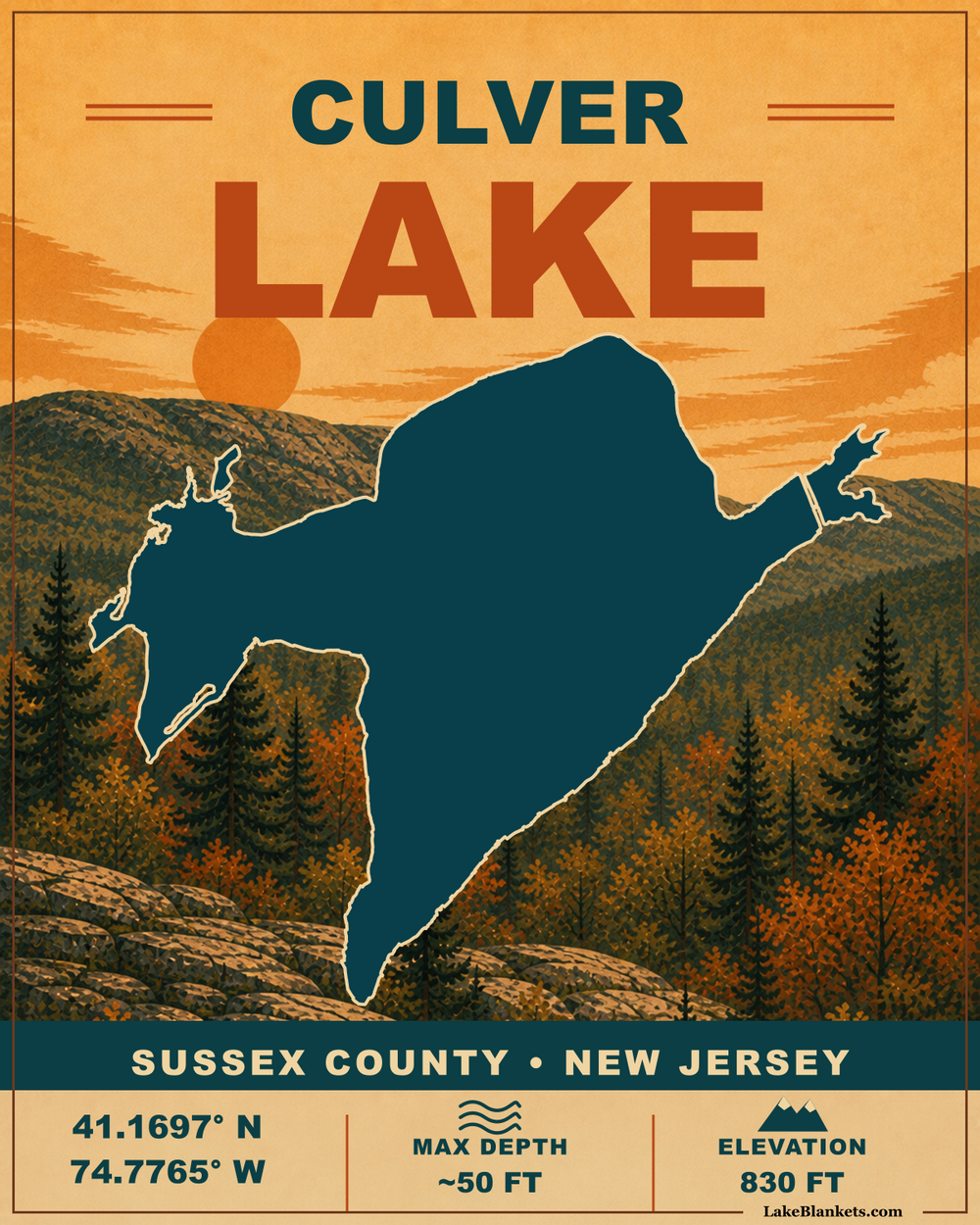 Culver Lake New Jersey vintage Sherpa fleece blanket with autumn ridge scene and lake silhouette