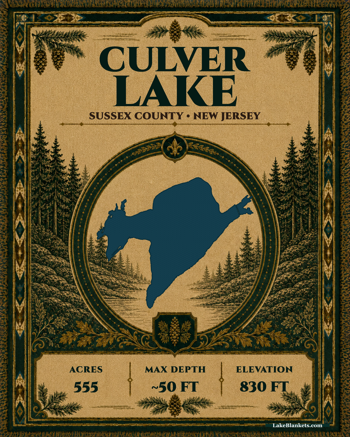 Culver Lake New Jersey woven heritage blanket with pinecone border and lake medallion