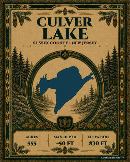 Culver Lake New Jersey woven heritage blanket with pinecone border and lake medallion