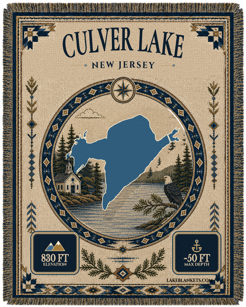 Culver Lake New Jersey woven landmark medallion blanket with chapel and bald eagle scene