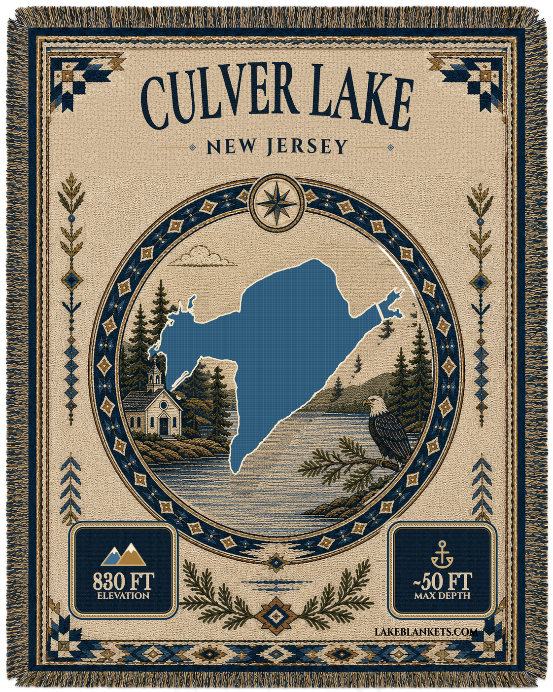 Culver Lake New Jersey woven landmark medallion blanket with chapel and bald eagle scene