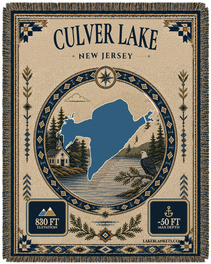 Culver Lake New Jersey woven landmark medallion blanket with chapel and bald eagle scene