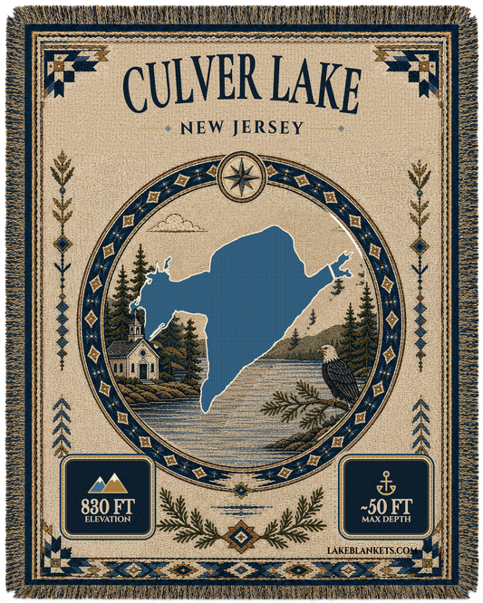 Culver Lake New Jersey woven landmark medallion blanket with chapel and bald eagle scene