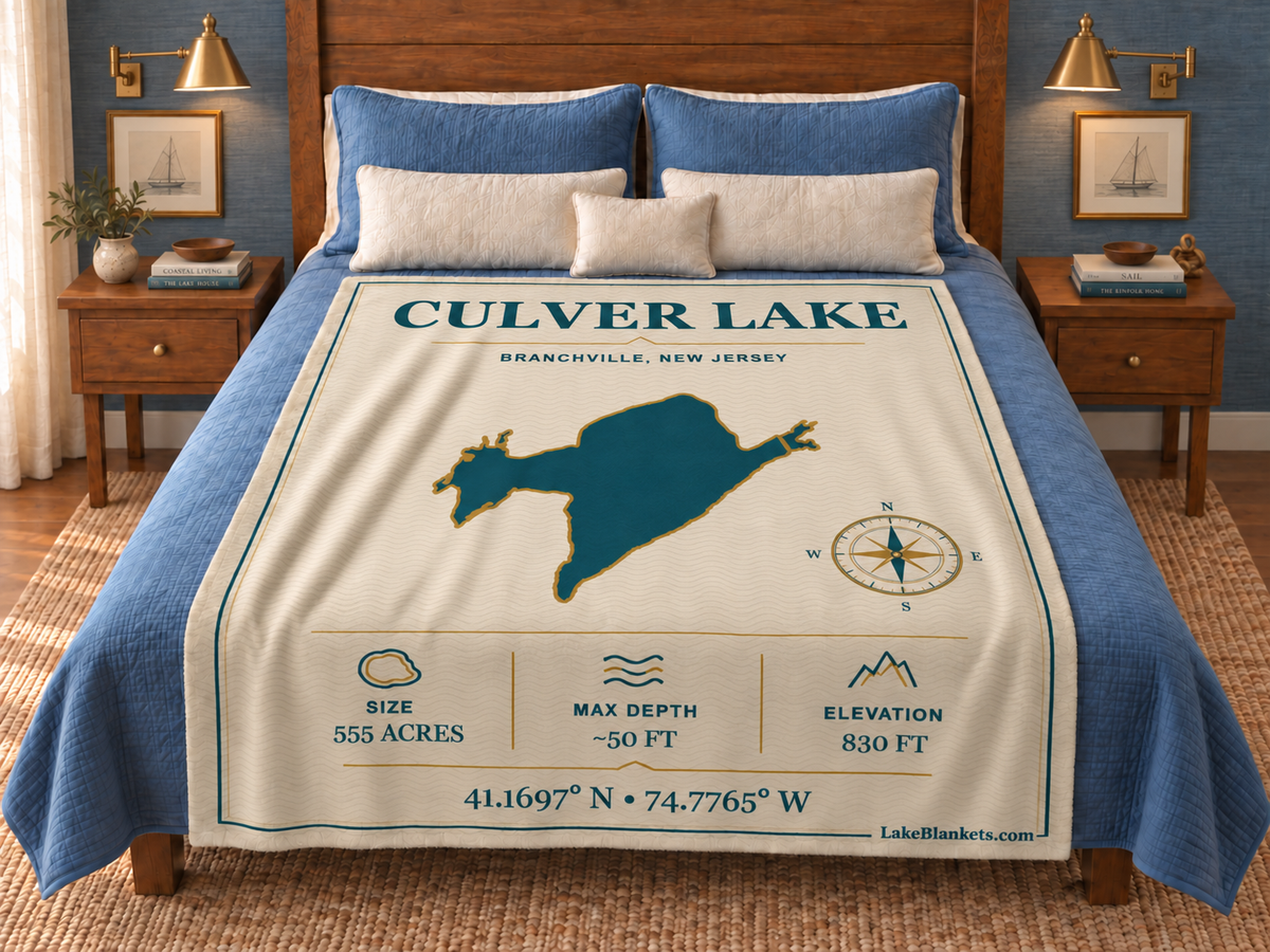 Culver Lake Minimalist Navigation blanket displayed on a bed