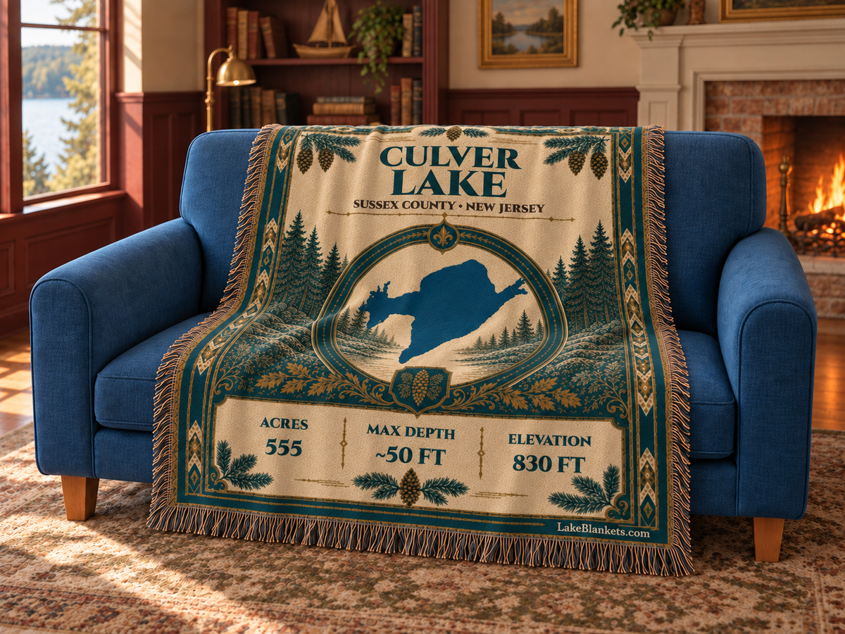 Culver Lake Woven Heritage blanket draped over a couch