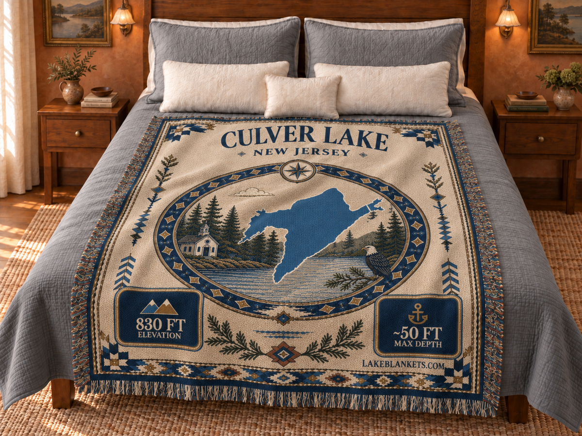 Culver Lake Woven Landmark Medallion blanket displayed on a bed