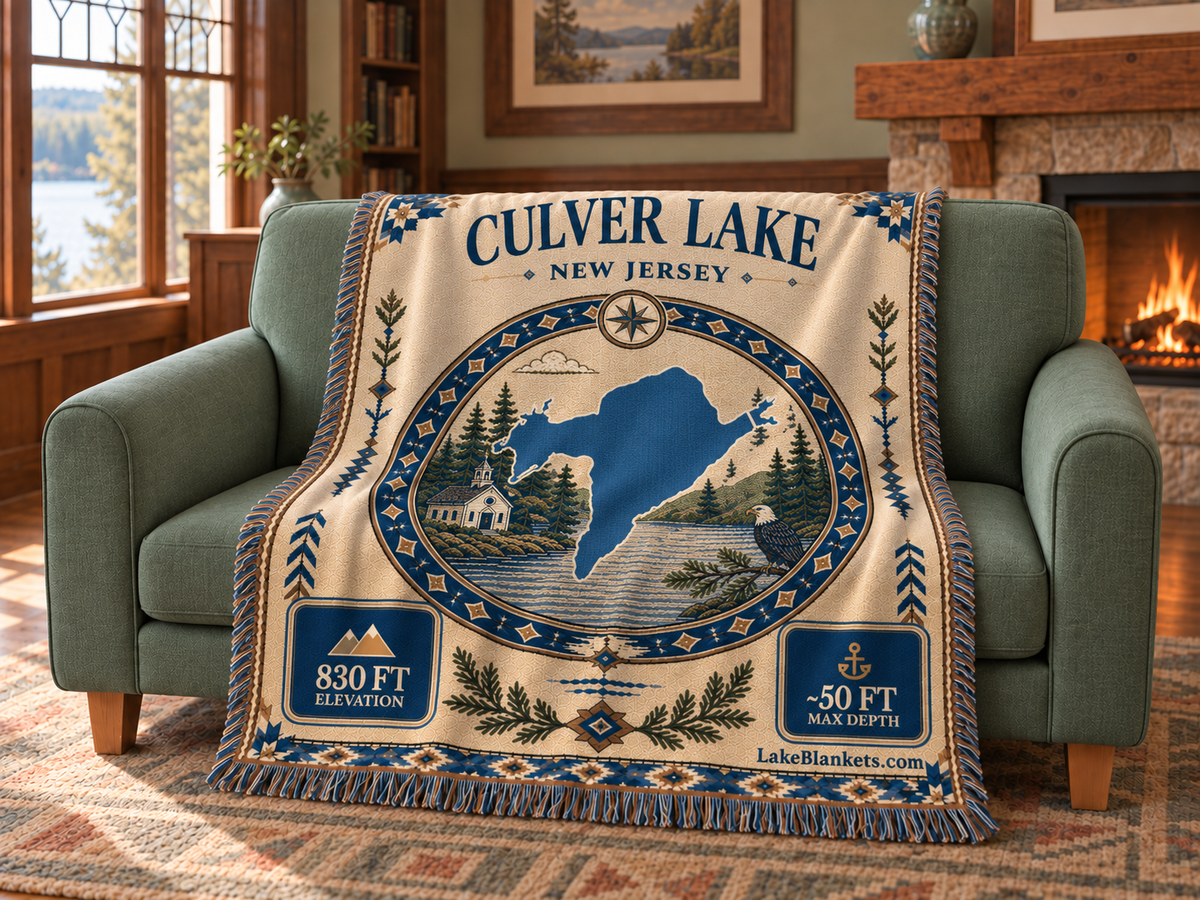 Culver Lake Woven Landmark Medallion blanket draped over a couch