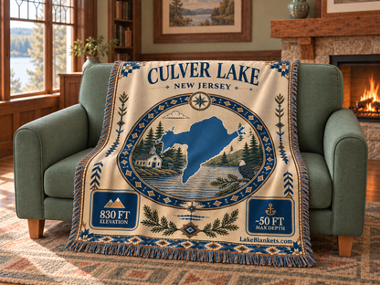 Culver Lake Woven Landmark Medallion blanket draped over a couch