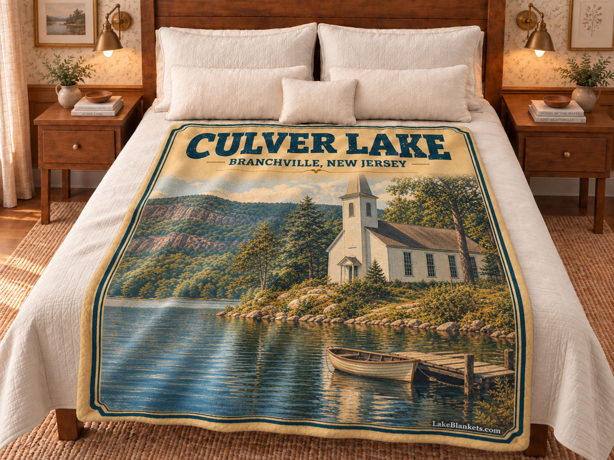 Culver Lake Photoesc blanket displayed on a bed