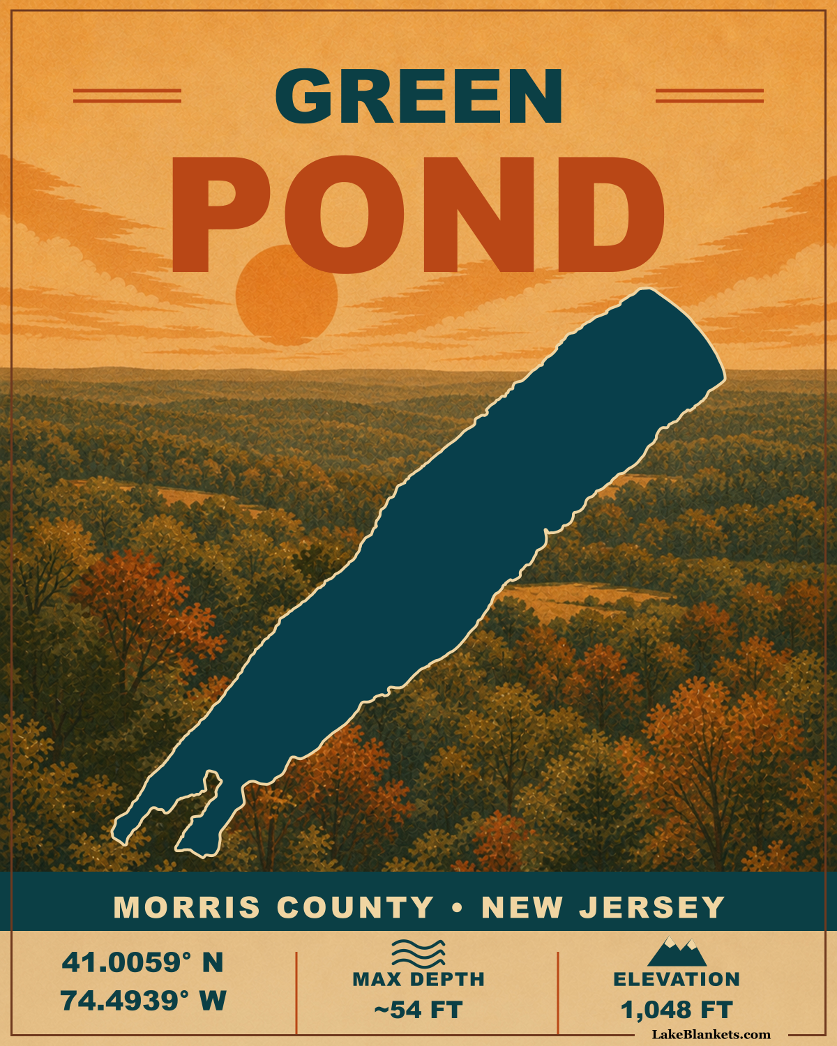 Green Pond New Jersey vintage Sherpa blanket with exact lake silhouette and autumn woodland poster scene