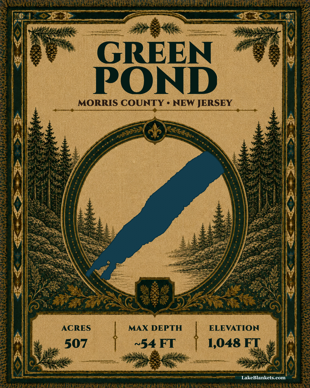 Green Pond New Jersey woven heritage blanket with exact lake medallion pinecones and ornamental border