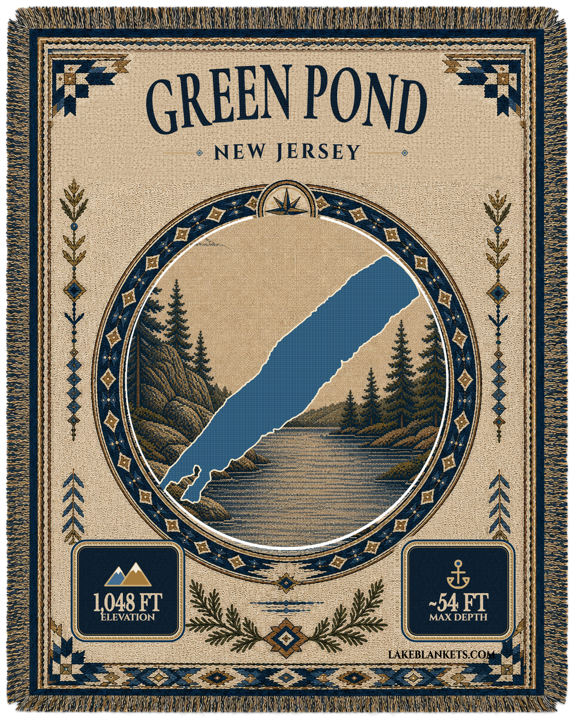 Green Pond New Jersey woven landmark medallion blanket with exact lake silhouette and wooded water scene