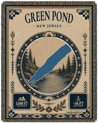 Green Pond New Jersey woven landmark medallion blanket with exact lake silhouette and wooded water scene