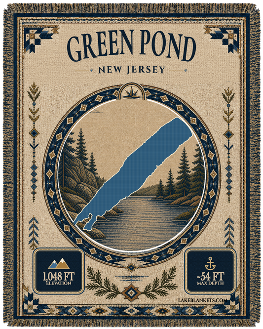 Green Pond New Jersey woven landmark medallion blanket with exact lake silhouette and wooded water scene