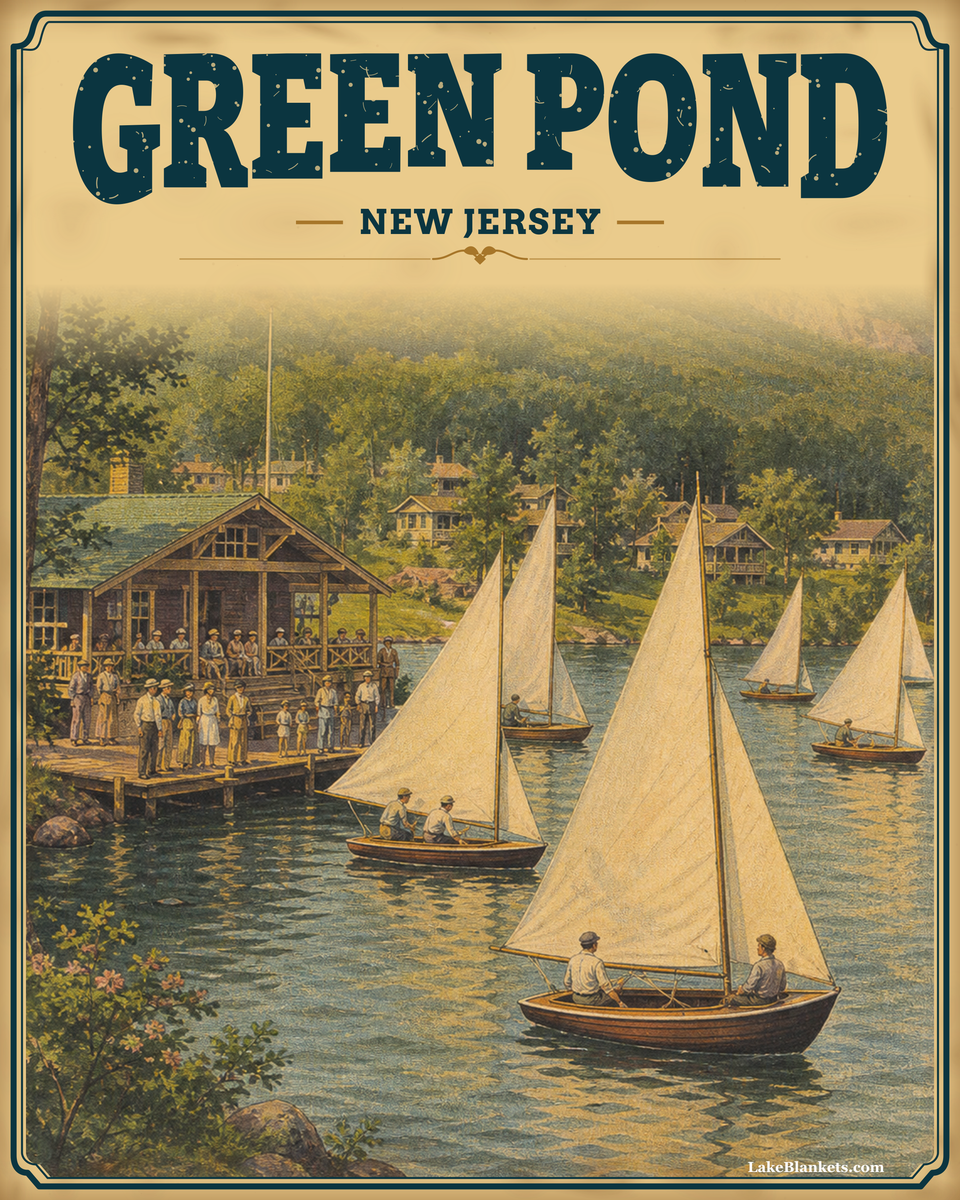 Green Pond New Jersey Photoesc Sherpa blanket with vintage sailing club regatta postcard scene