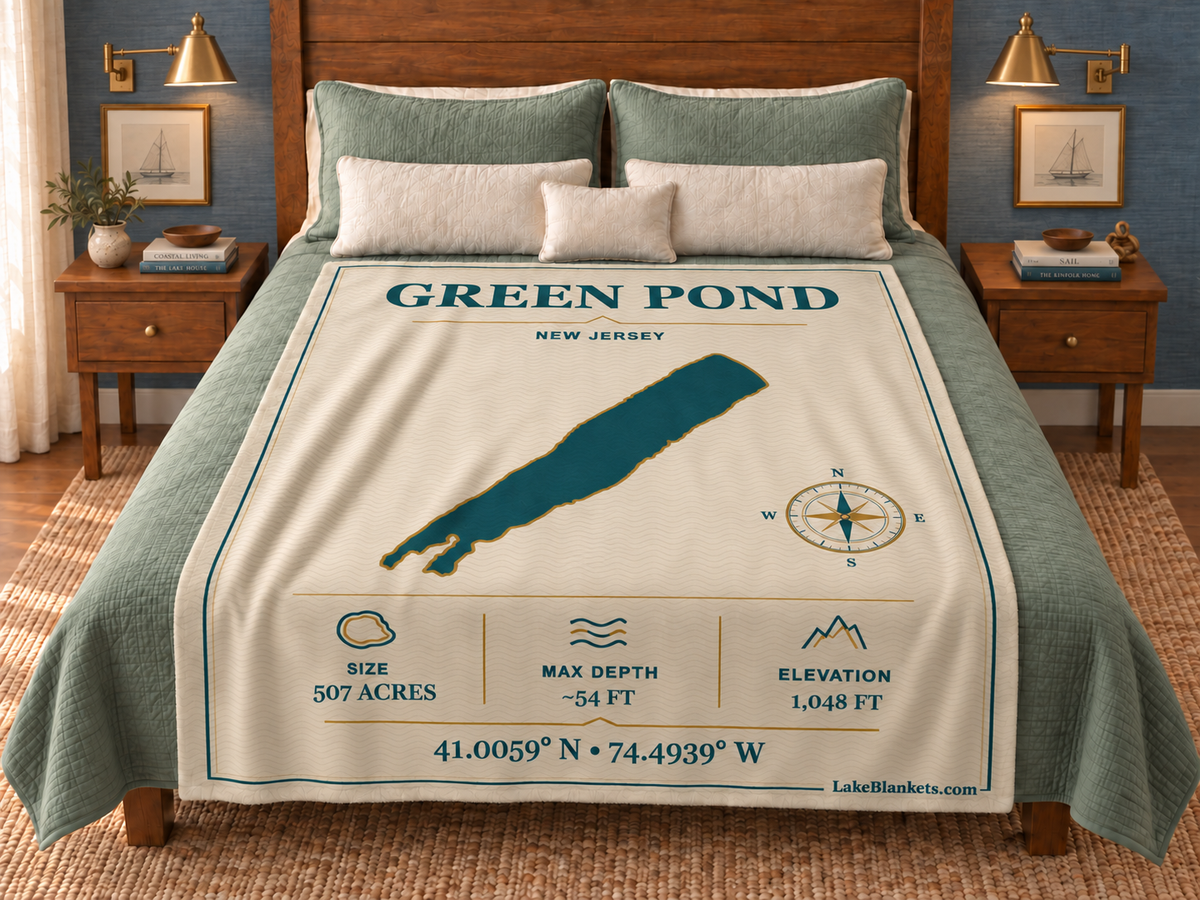 Green Pond Minimalist Navigation blanket displayed on a bed