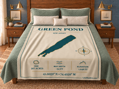 Green Pond Minimalist Navigation blanket displayed on a bed