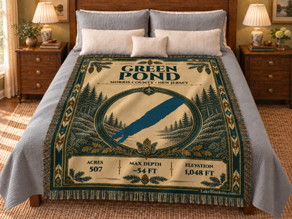 Green Pond Woven Heritage blanket displayed on a bed