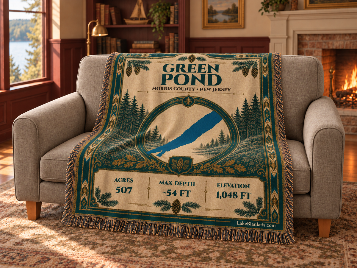 Green Pond Woven Heritage blanket draped over a couch