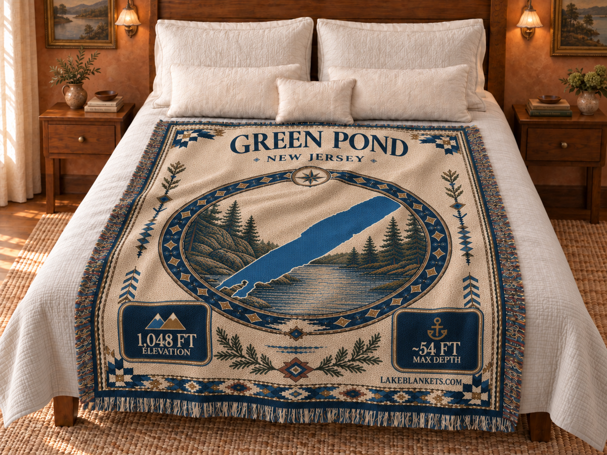 Green Pond Woven Landmark Medallion blanket displayed on a bed