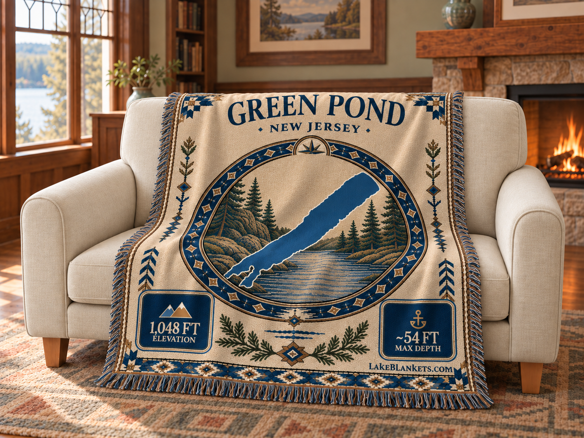 Green Pond Woven Landmark Medallion blanket draped over a couch